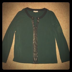 Calvin Klein green with black leather trim blouse